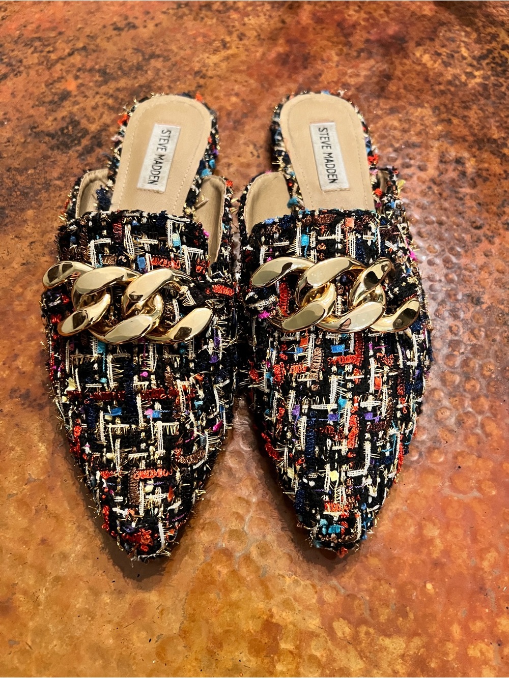 Steve Madden Cassady Loafer Mules Multicolor with Gold Chain Sz 9.5